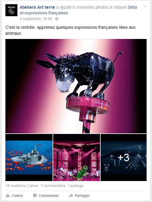 Publication Facebook des Ateliers Art Terre