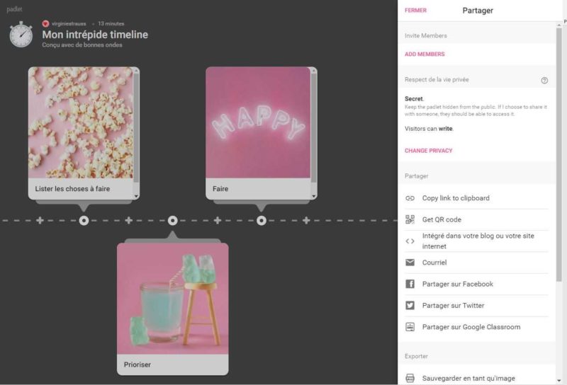 Présentation de l'interface Padlet en mode timeline