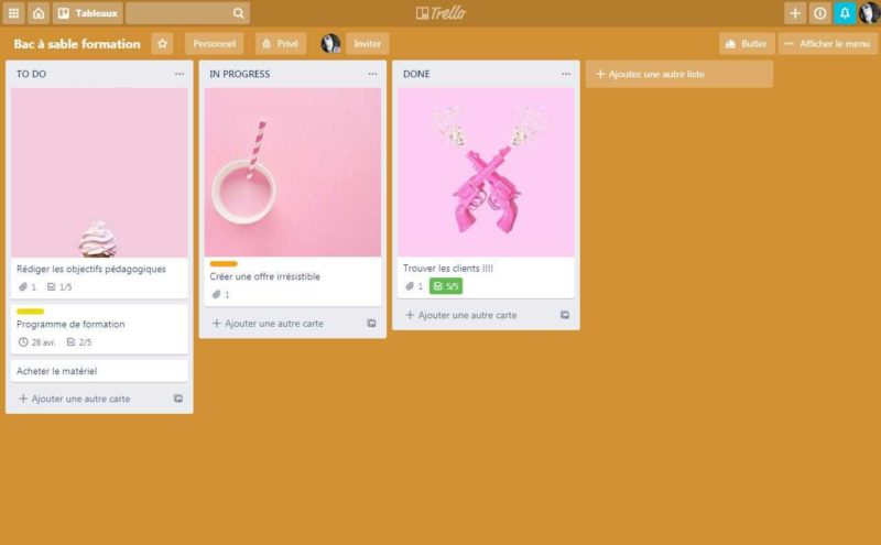 Exemple de tableau Trello en mode Kanban
