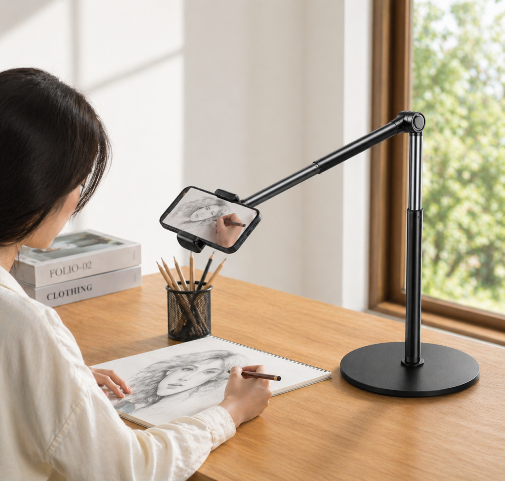Support smartphone bras articulé yAyusi : idéal pour filmer facilement en plongée, ce support stable et réglable (jusqu’à 81 cm) permet de créer des vidéos professionnelles avec un smartphone, que ce soit pour du contenu réseaux sociaux, des tutoriels ou du live.